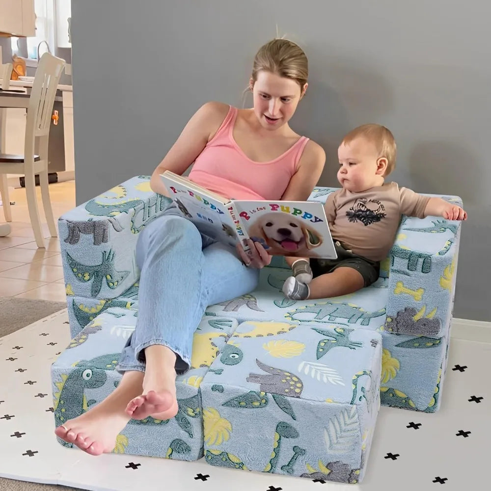 Modular Kids Sofa,Toddler Play Couch Fold Out for Playroom, Dinosaur Glow in Dark Convertible Plush Foam Chair