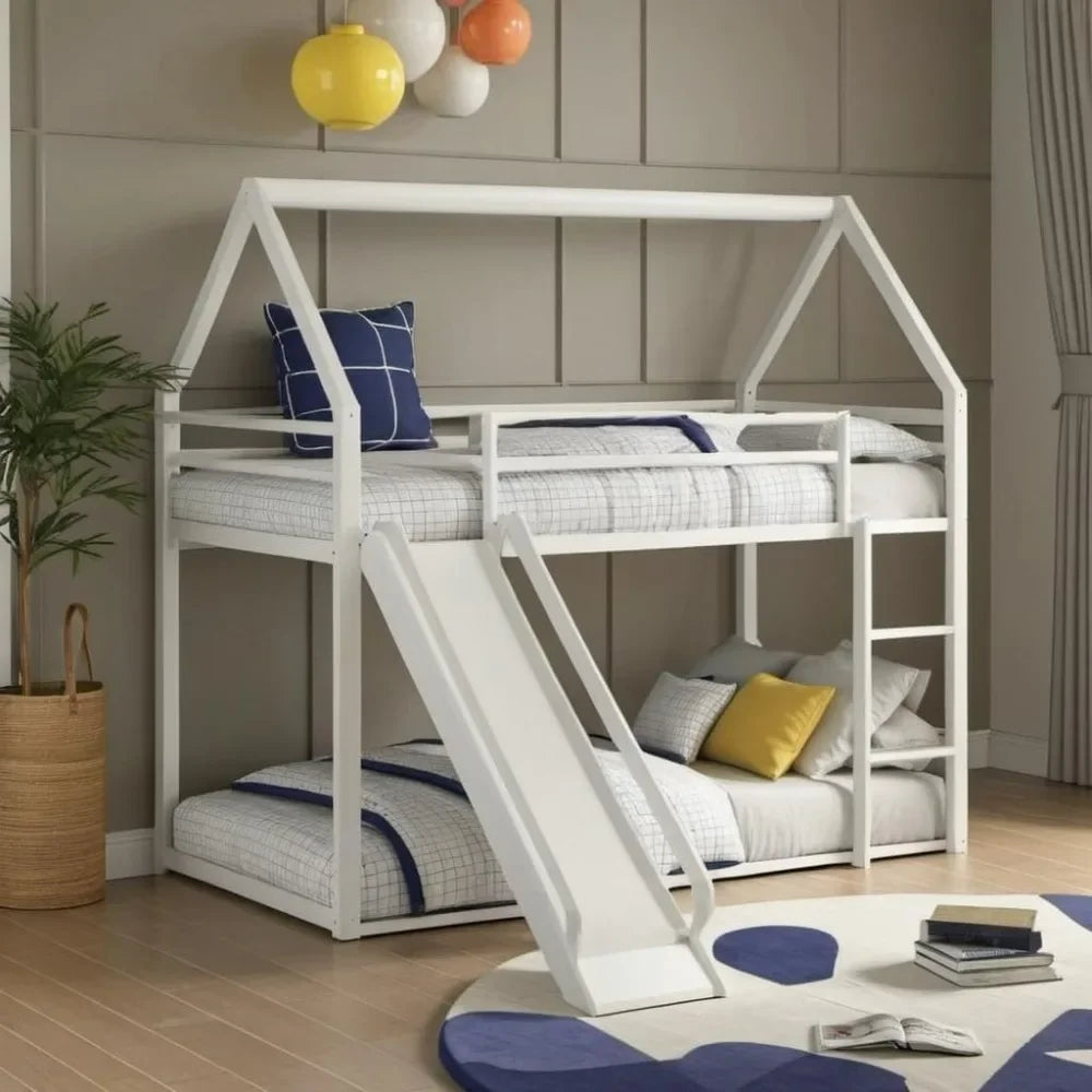 Twin Over Twin Metal Bunk Bed with Slide and Roof Design for Kids,Girls, Boys,House Shaped Bunk Bed Frame,No Box Spring Required