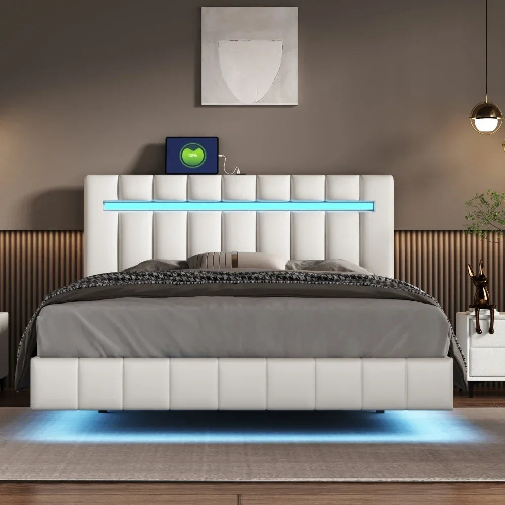 Cadre de lit flottant Queen Size avec lumières LED et chargement USB, cadre de lit à plate-forme rembourré moderne à LED, conception sans bruit