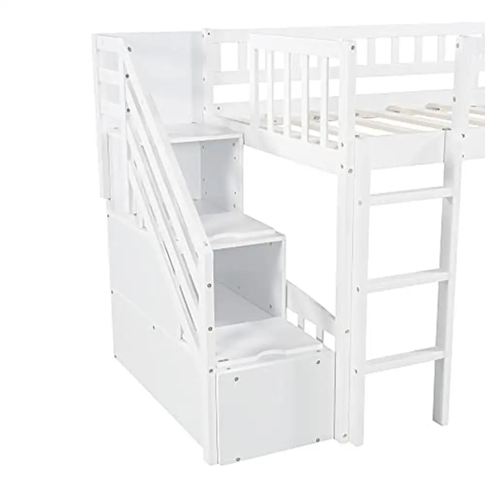 Kids Twin Low Loft Bed Slide Stairs Storage Guardrails Pine Frame Boys Girls White Loft Bed Frame