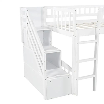 Kids Twin Low Loft Bed Slide Stairs Storage Guardrails Pine Frame Boys Girls White Loft Bed Frame