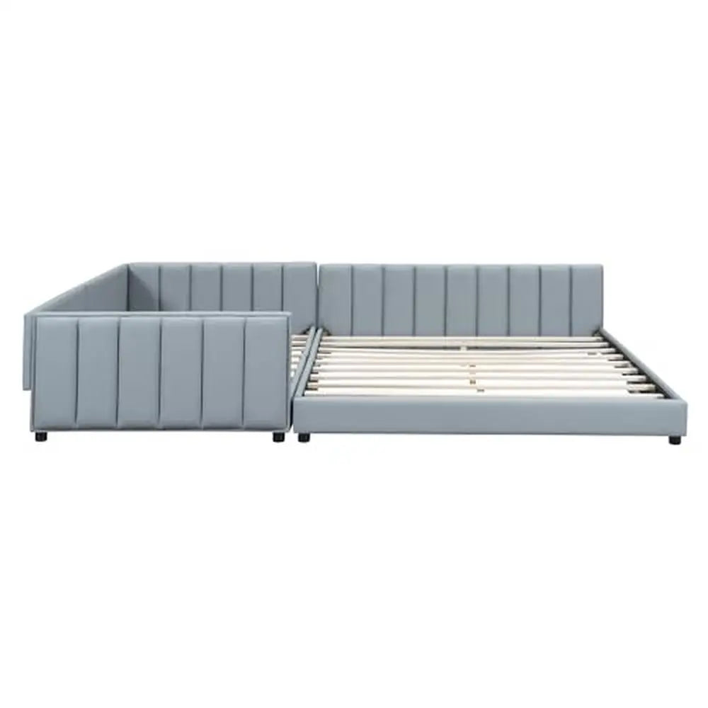 Cama moderna para madre e hijo tapizada en piel sintética tamaño Queen Twin XL con listones de madera en color gris, no necesita somier, fácil instalación