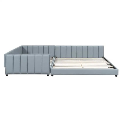 Cama moderna para madre e hijo tapizada en piel sintética tamaño Queen Twin XL con listones de madera en color gris, no necesita somier, fácil instalación