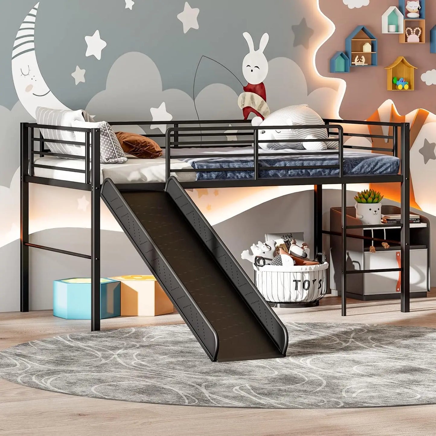 Cama alta doble con tobogán, litera baja de metal con barandillas de seguridad y escalera incorporada, estructura de piso para cama de niños pequeños para niños y niñas, sin