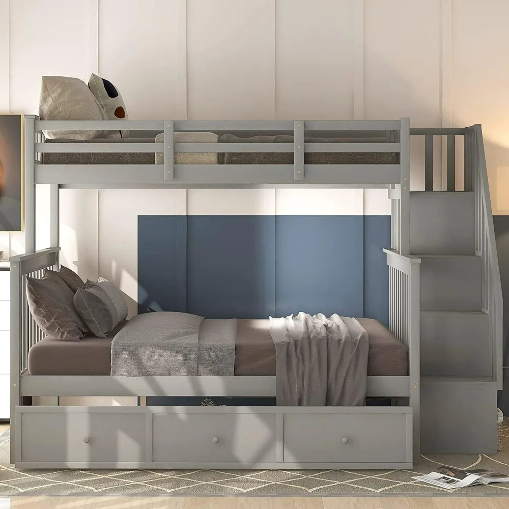 Lit superposé double avec escaliers et tiroirs de rangement, cadre de lit superposé en bois dur pour enfants, adolescents et adultes, chambre à coucher, dortoir