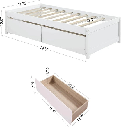 Lit simple à plateforme blanc pour deux personnes, cadre de lit en bois pour chambre à coucher, lit de rangement avec tiroirs pour enfants, pas besoin de sommier