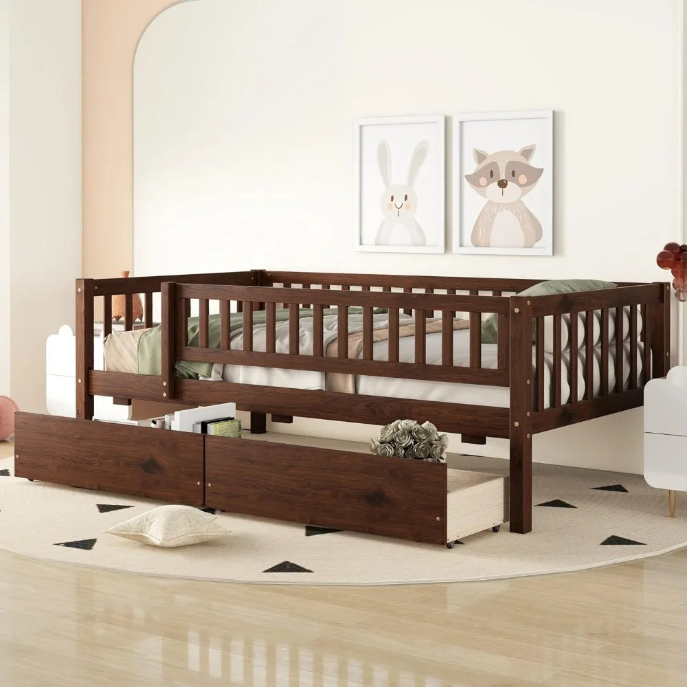 Twin Size Daybed with Two Drawers, Wood Kids Twin Platform Bed Frame with Storage and Rails, No Box Spring Needed, Easy Assembly