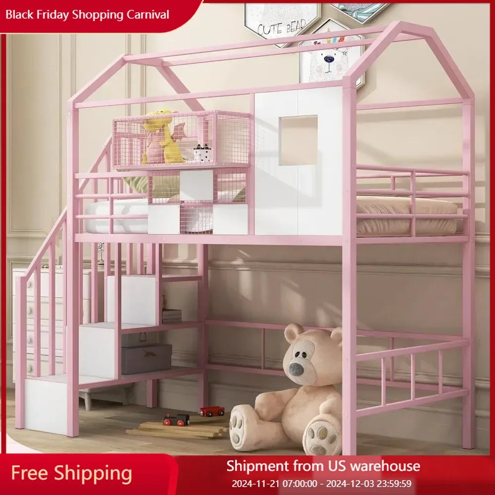 Twin Size House Loft Bed with Stairs and Storage, with Storage Box and Safety Rail Heavy-Duty Metal Princess Loft Bed Frame