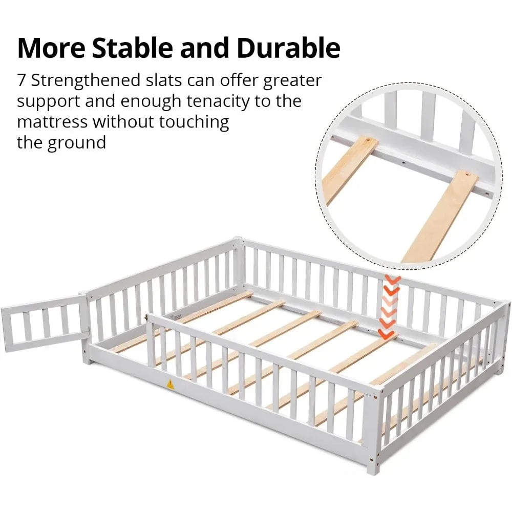 Twin Floor Bed for Children, Sturdy Wood Montessori Bed Frame with Wood Slats, High Fence & Small Door, Montessori Floor Bed