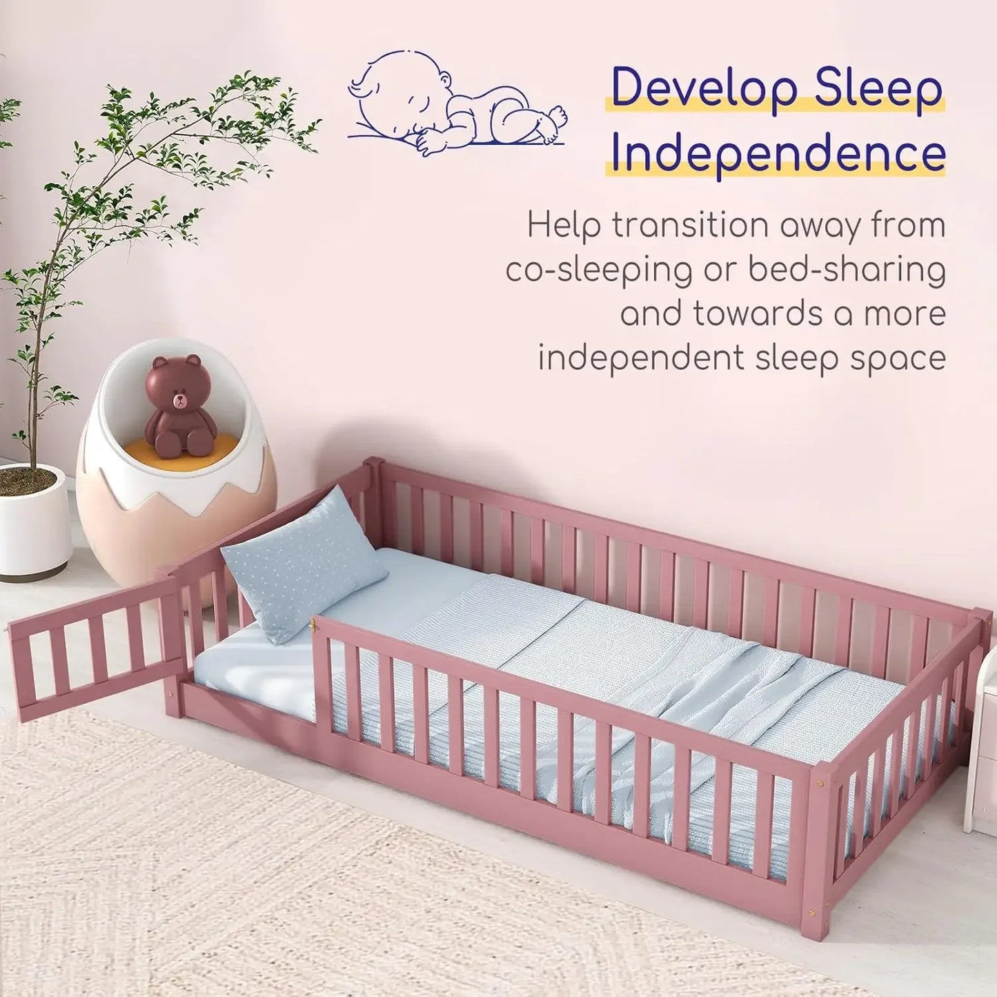 Cama Montessori rosa con barandillas de seguridad, puerta y listones, cama de suelo Montessori para niños, estructura de cama Montessori de madera