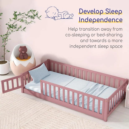 Cama Montessori rosa con barandillas de seguridad, puerta y listones, cama de suelo Montessori para niños, estructura de cama Montessori de madera