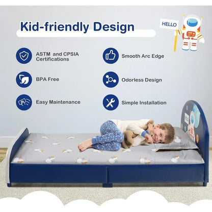 Twin Bed Frames for Kids, Wood Upholstered Twin Bed Platform with Slat Support, Padded Headboard&Footboard