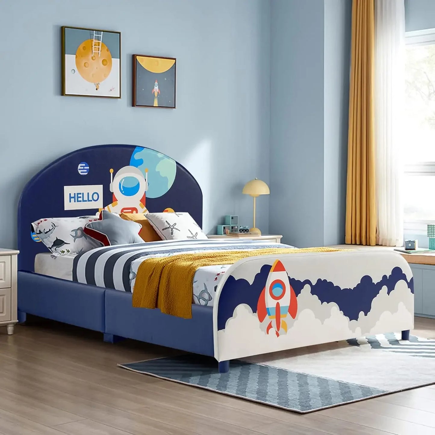 Twin Bed Frames for Kids, Wood Upholstered Twin Bed Platform with Slat Support, Padded Headboard&, No Box