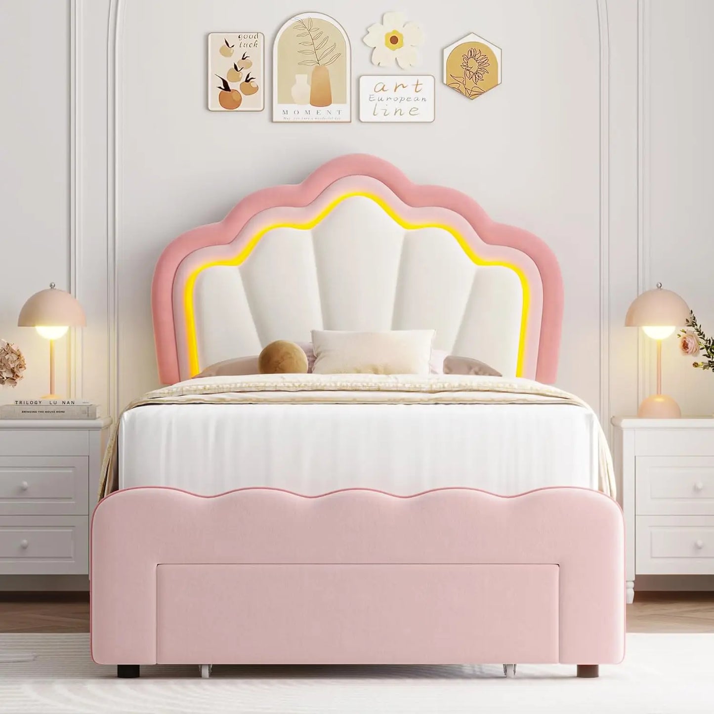 Marco de cama tapizado con luces LED y cajón de almacenamiento, linda cama para niñas con cabecero ajustable con forma de loto, cama de plataforma de princesa de terciopelo