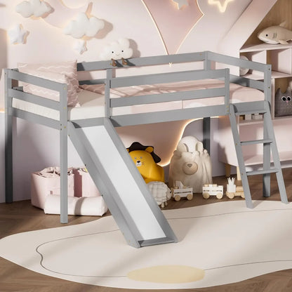 Cama alta de madera con escalera y espacio de almacenamiento para niños pequeños (gris)