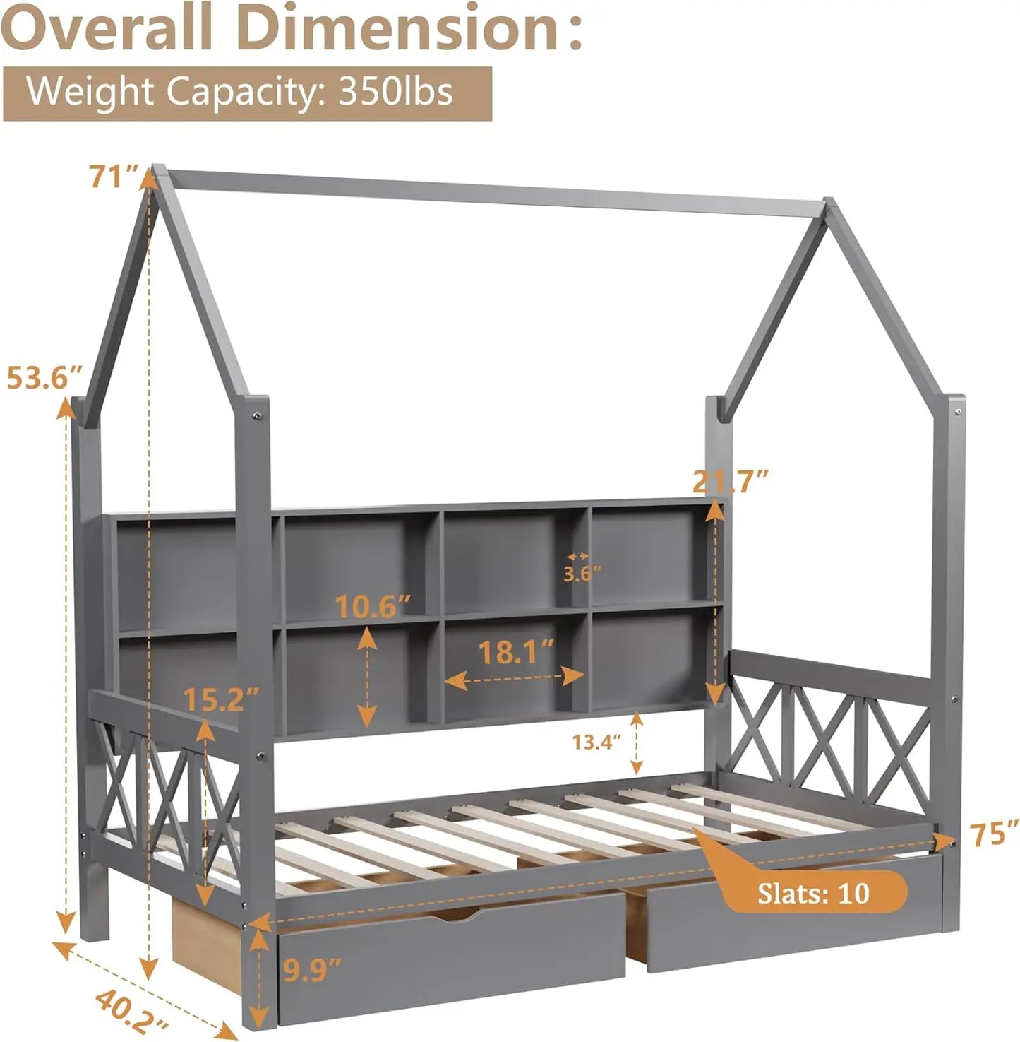 Estructura de cama doble para niños, casa con 2 cajones, plataforma de cama con cabecero y listones de madera, casa Montessori con valla