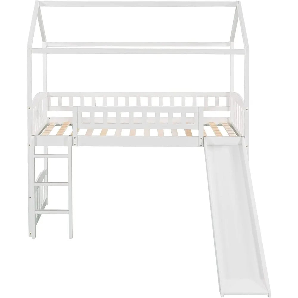 Lit mezzanine double avec toboggan, cadre de lit en bois massif en forme de maison avec garde-corps sur toute la longueur, aucun ressort nécessaire et conception peu encombrante