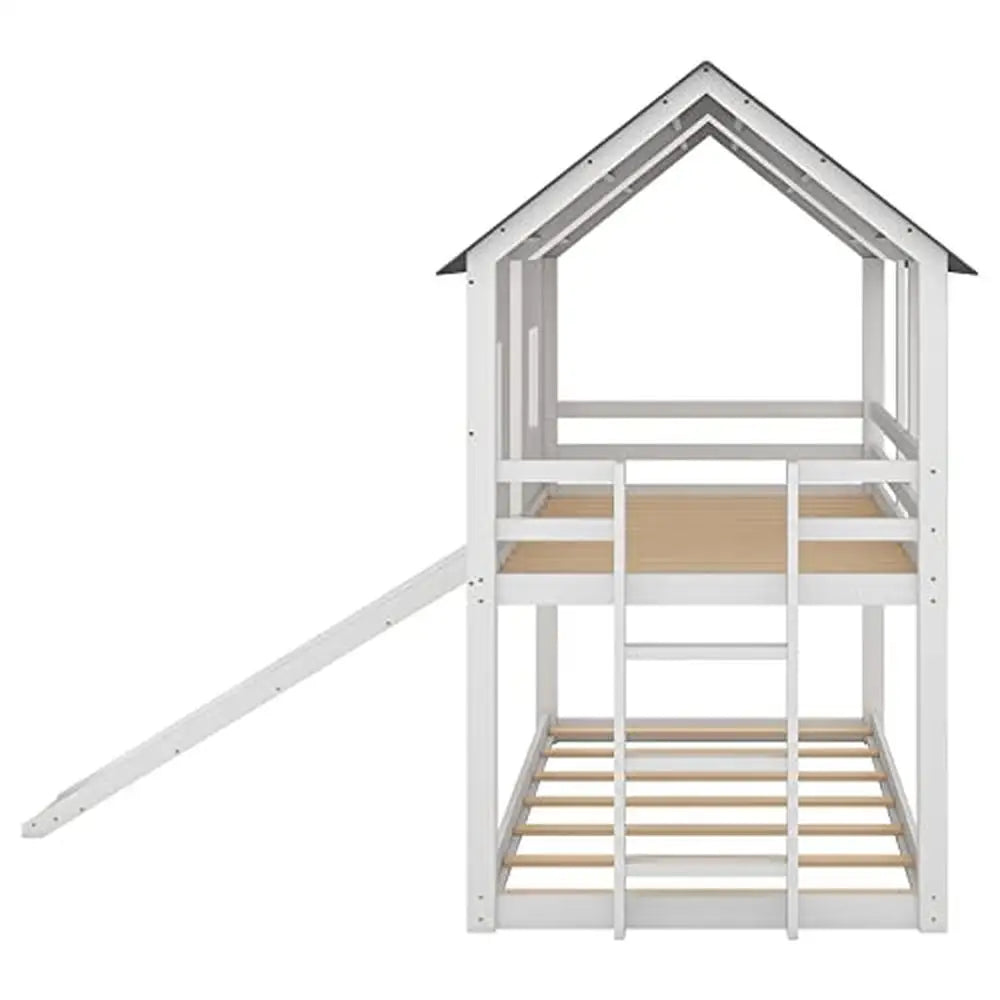 Lit superposé Twin Over Twin Playhouse avec toboggan et fenêtres de toit pour enfants, adolescents, garçons et filles, maison en bois blanc, assemblage facile