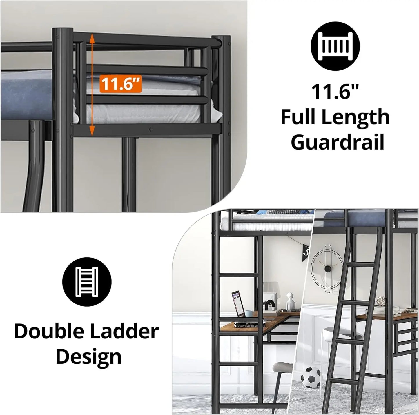 Twin Size L-Shaped Loft Bed with 2 Built-in Desks Metal Loft Corner Bed with 2 Ladders and Safety Guard Rail Heavy Children Beds