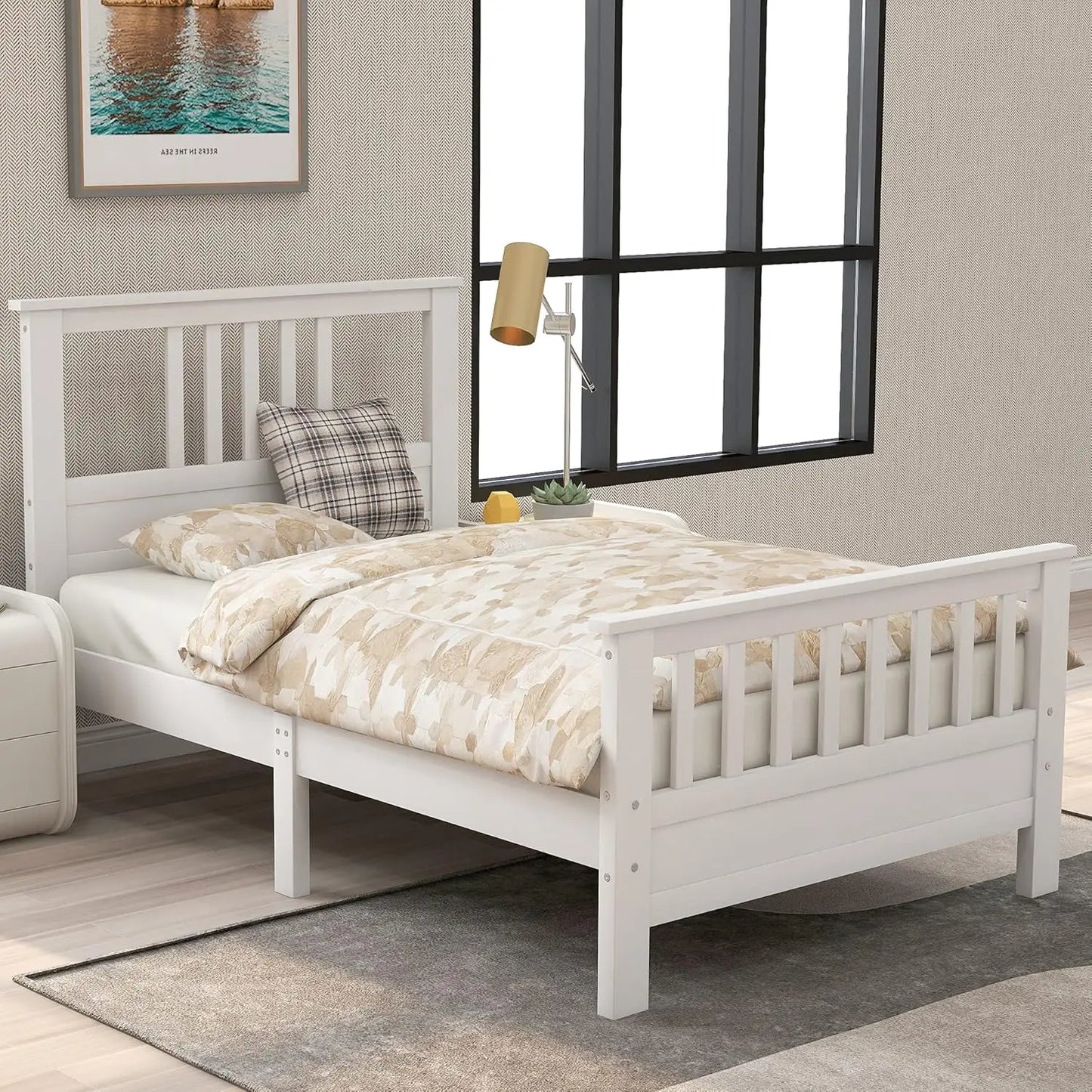 Cama de plataforma doble de madera maciza blanca para niños, estructura de cama de plataforma doble con cabecero/pie de cama/soporte de listones de madera, sin somier