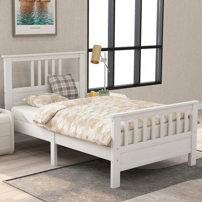 Lit plateforme double en bois massif blanc pour enfants, cadre de lit plateforme double avec tête de lit/pied de lit/support à lattes en bois, sans sommier