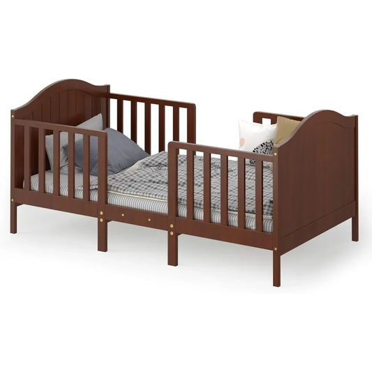 Lit convertible 2 en 1 pour tout-petits, lit classique en bois pour enfants avec 2 barrières latérales, pied de lit pour plus de sécurité, cadre de lit pour enfants