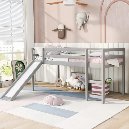 Cama alta con tobogán y escalera para niños, cama alta, cama doble de madera para niños con tobogán, diseño multifuncional, cama de perfil bajo de madera