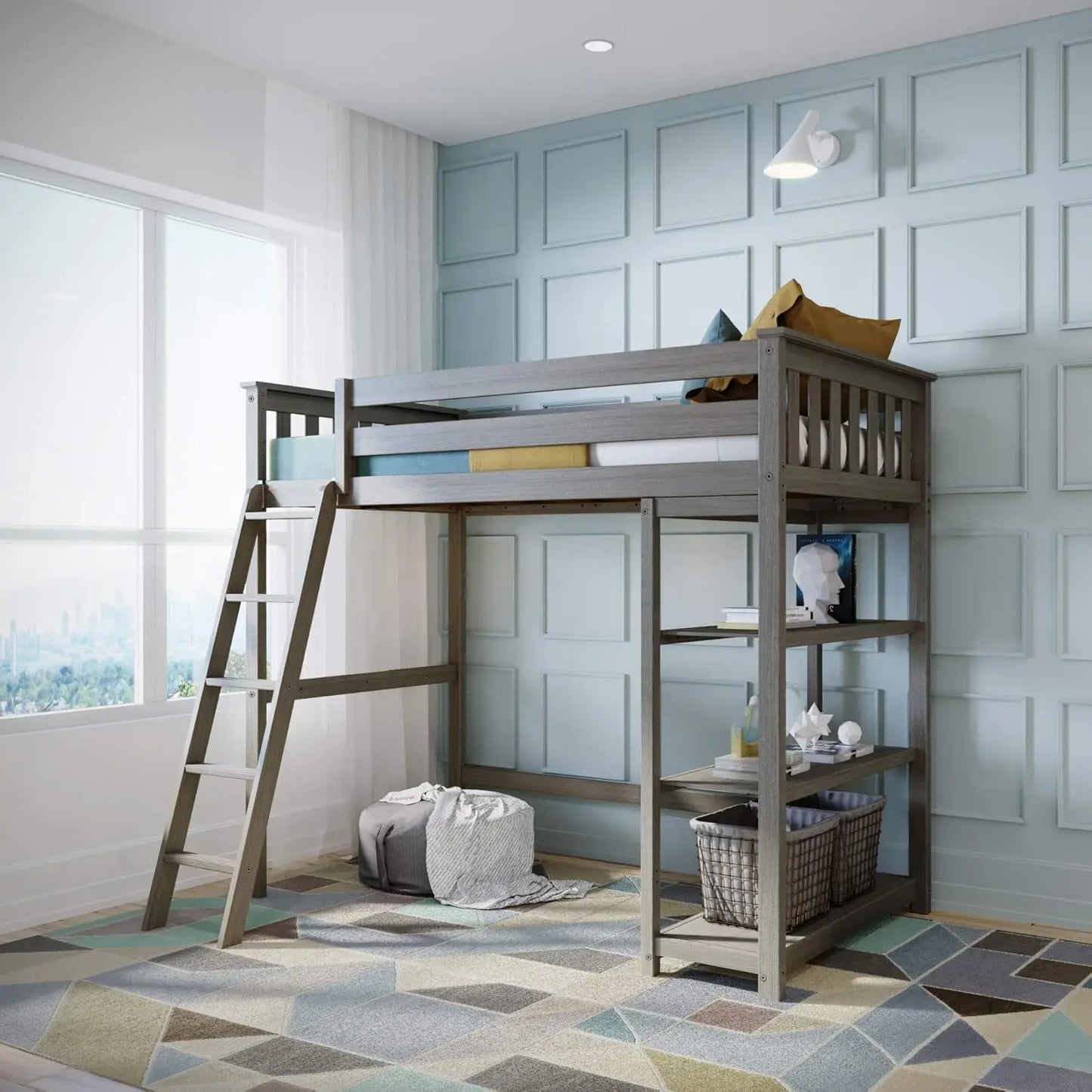 Loft Bed, Twin Bed Frame For Kids With Bookcase, Clay