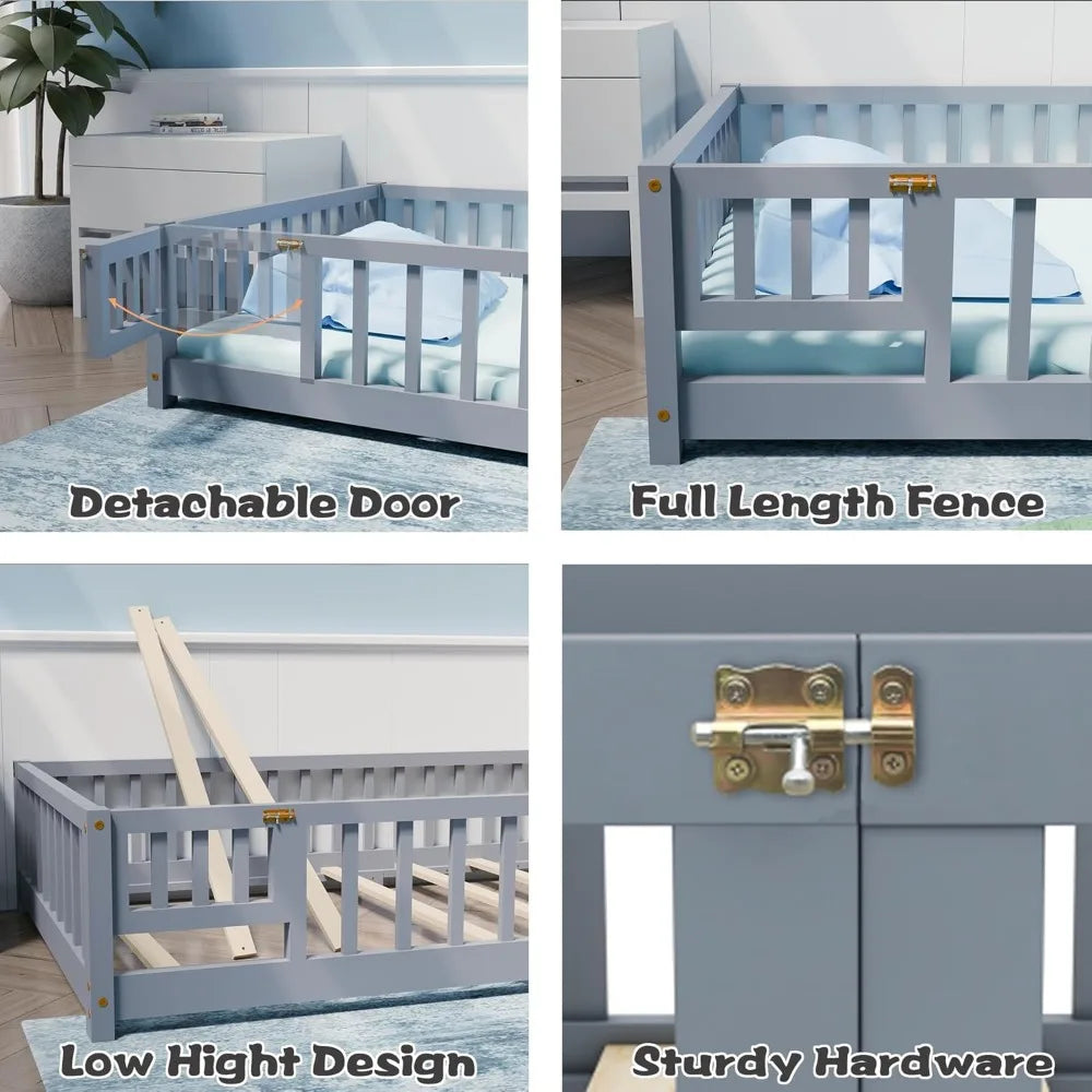 Twin Size Floor Bed for Kids,Wood Floor Beds with Guardrails&Detachable Door,Multifunctional Bed Frame with Slats for Boys Girls