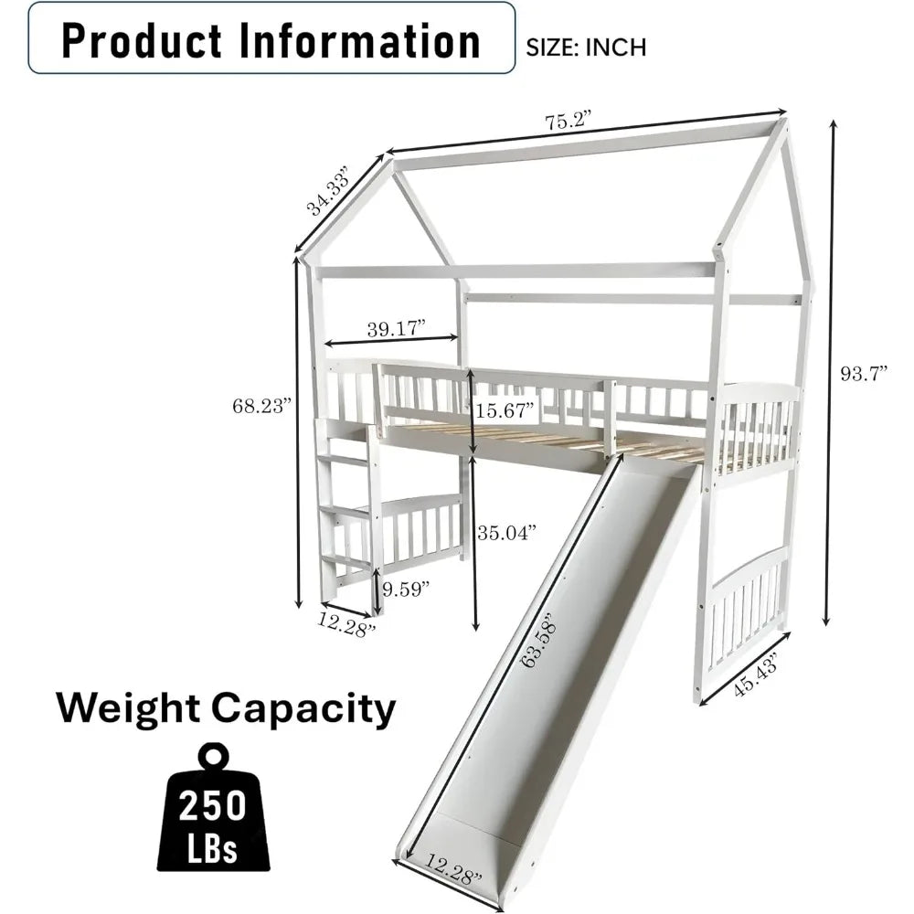 Lit mezzanine double avec toboggan, cadre de lit en bois massif en forme de maison avec garde-corps sur toute la longueur, aucun ressort nécessaire et conception peu encombrante