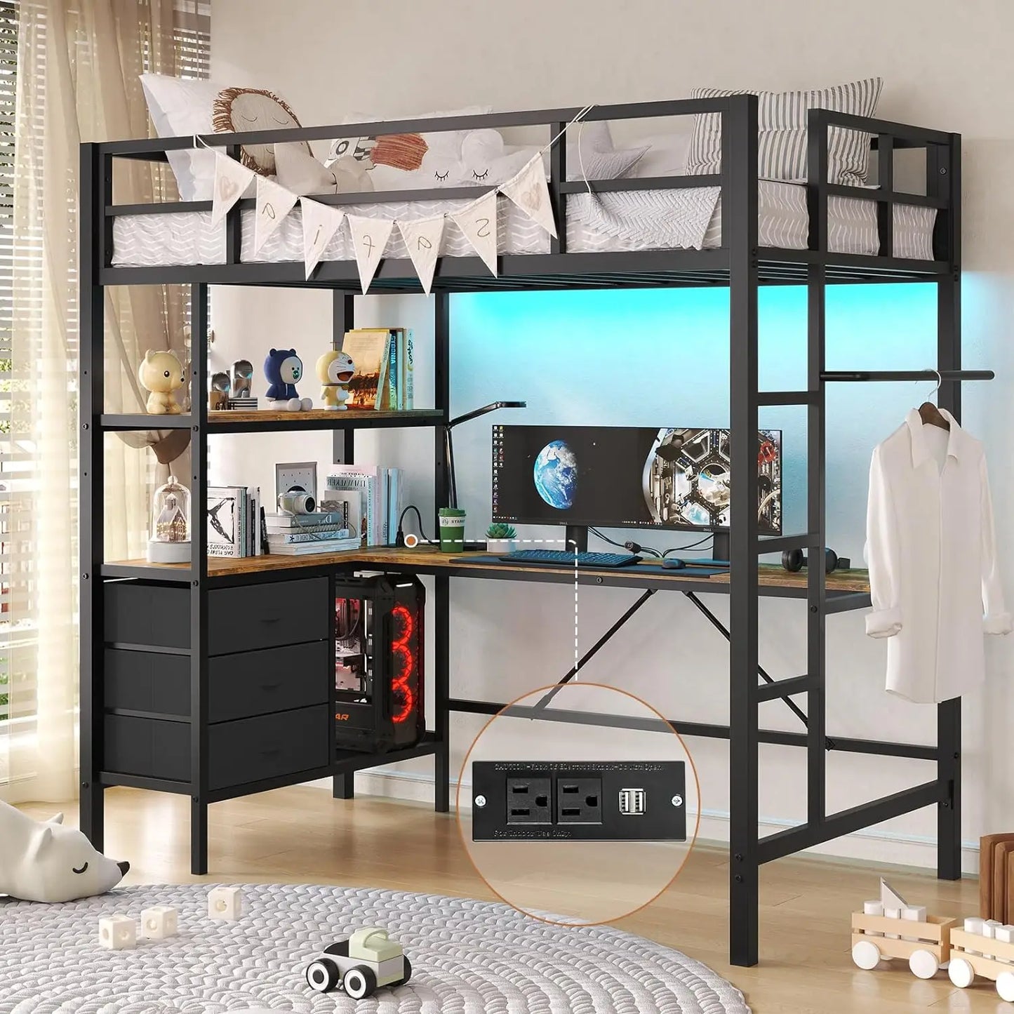 Twin Loft Bed with L-Shaped Desk, LED Lights,Charging Station LED Loft Bed Frame with 3 Storage Shelves and 3 Fabric Drawers