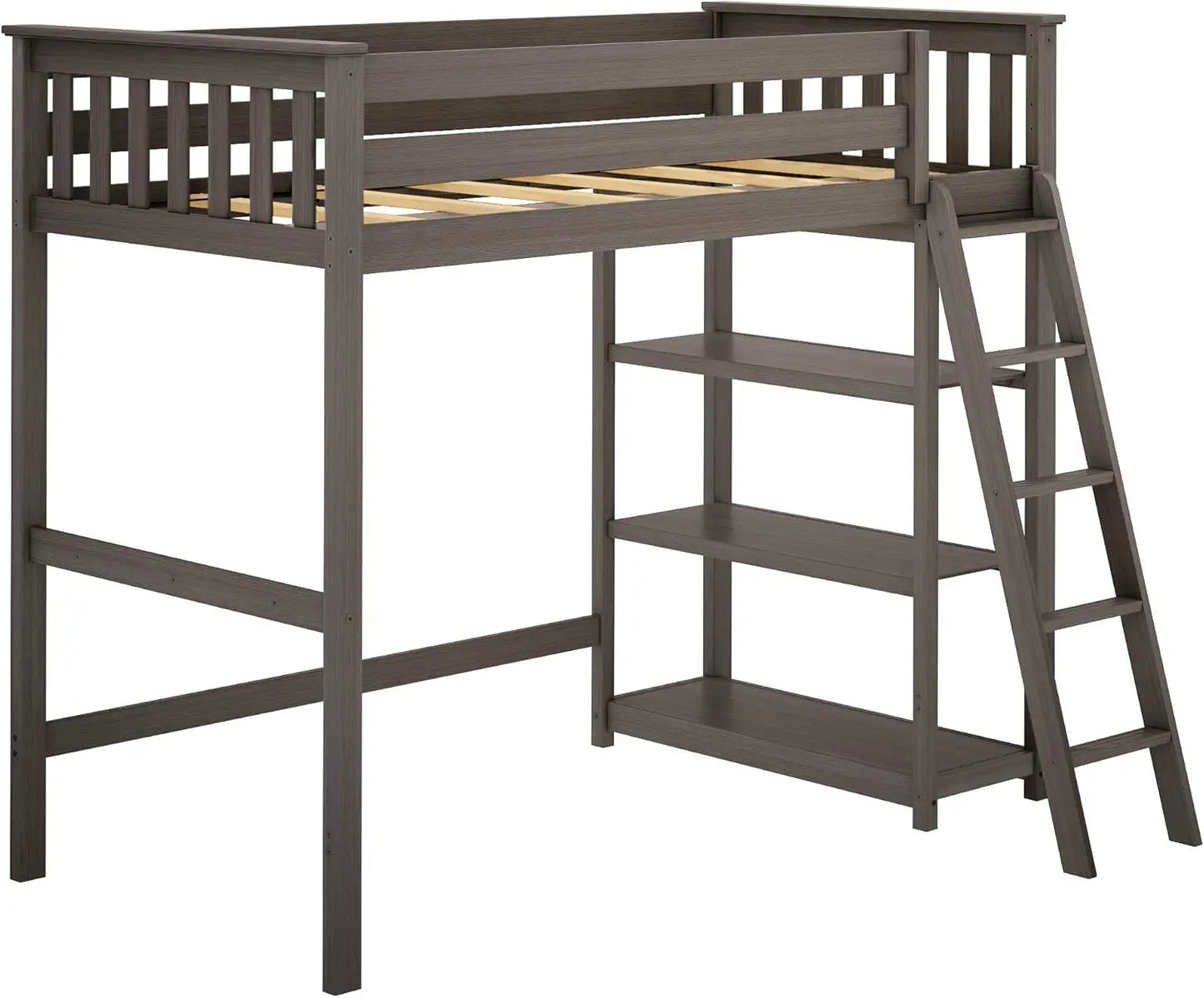 Loft Bed, Twin Bed Frame For Kids With Bookcase, Clay