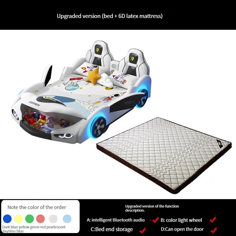 Multifunctional Car-Shaped Children's Bed For Boy Kids Wood Frame Bedroom Versatile Cartoon Stylish Bed With 2 Bedside Tables