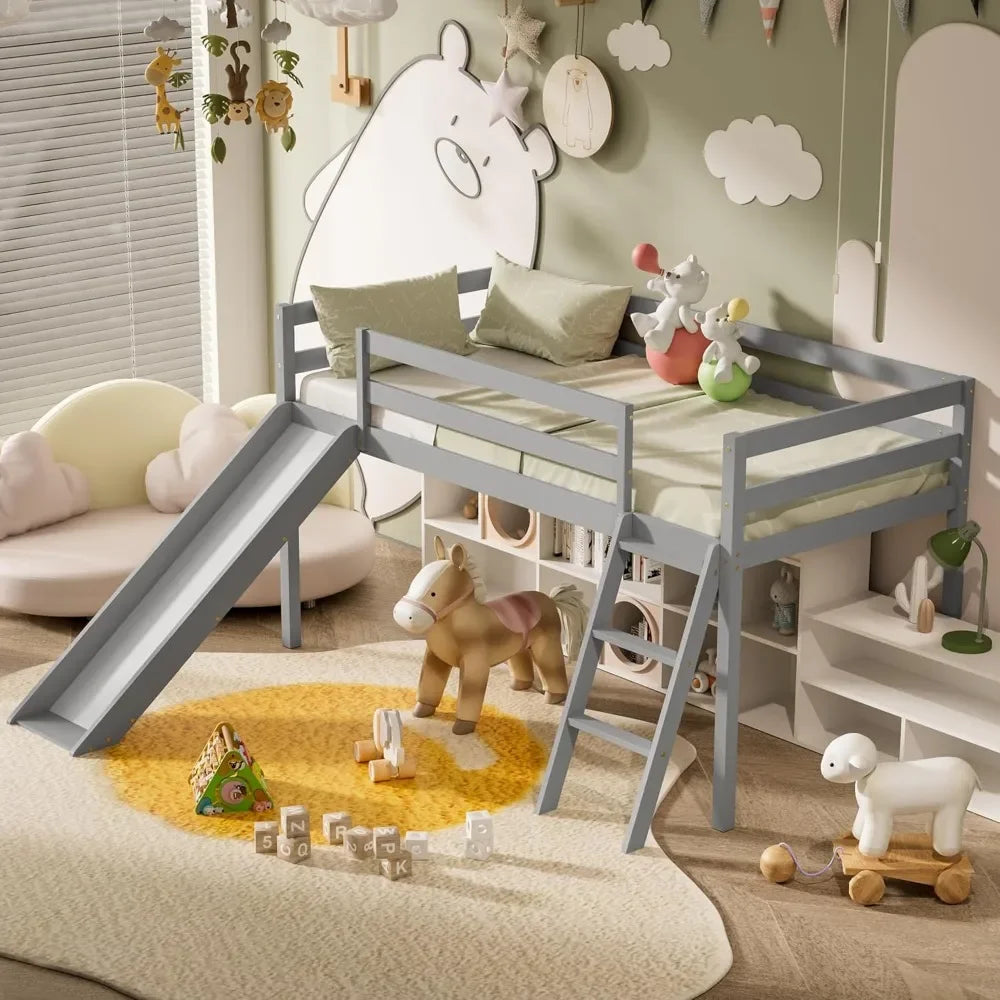 Low Loft Bed with Slide, Wood Twin Loft Bed Frame with Climbing Ladder & Storage Space for Kids Toddler