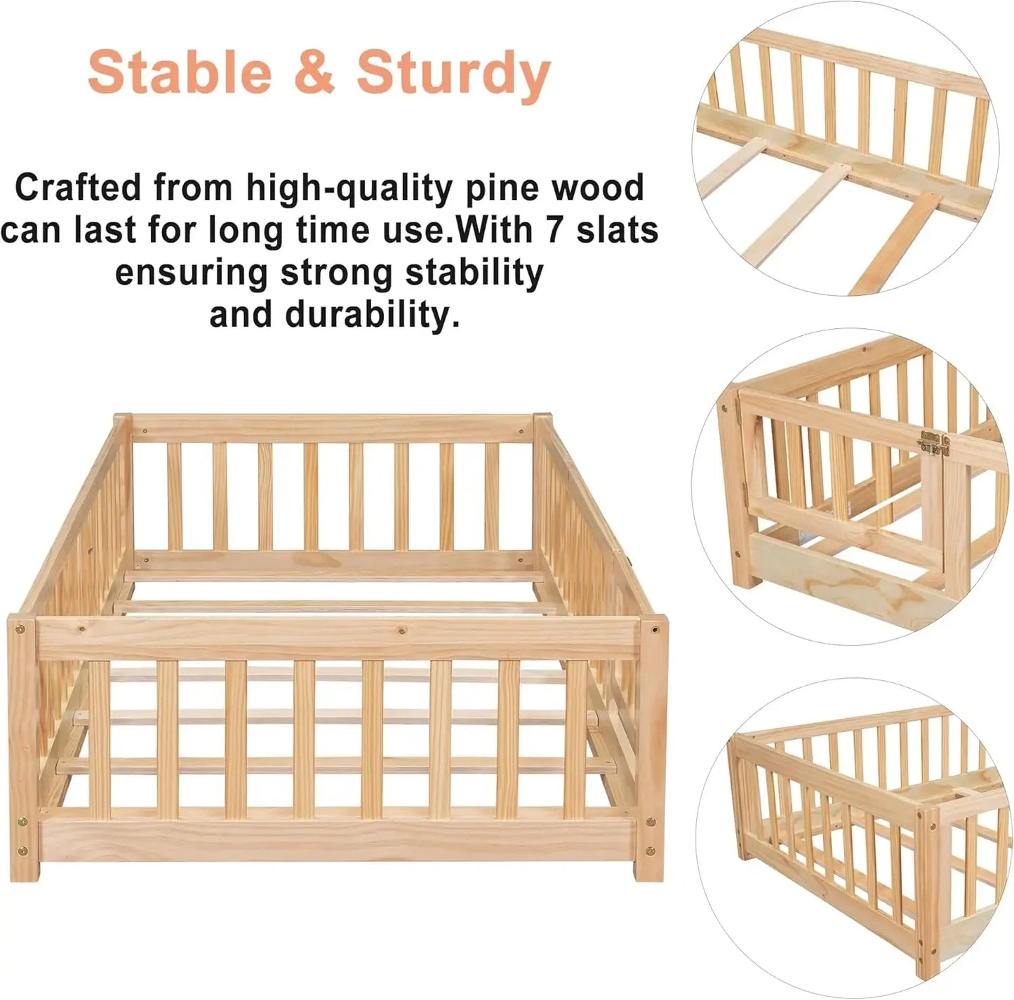 Lit simple au sol avec porte et barrière pour enfants, lit au sol Montessori avec lattes et barrières de sécurité, lit simple en bois massif