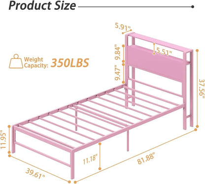 Twin Bed Frames for Kids with 2 Tiers Wood Storage Shelves Headboard, Twin Size Bed No Box Spring Needed Under Bed Storag