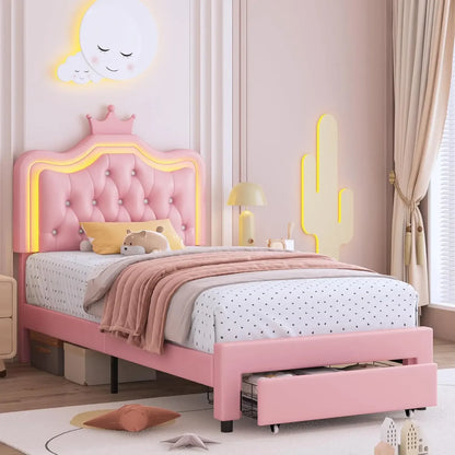 Twin Upholstered LED Bed Frame with Storage Drawer Leather Princess Platform Bed with Adjustable Crystal Button Tufted Crown