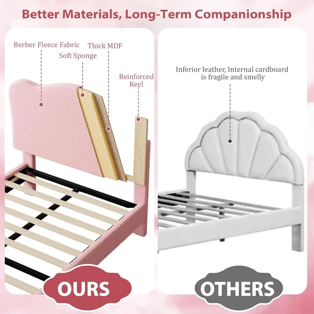 Upholstered Twin Size Bed Frame for Kids with Scallop Headboard, Cute Velvet Twin Bed for Girls, Boys, Sturdy Platform Bed