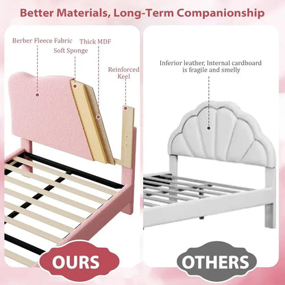 Upholstered Twin Size Bed Frame for Kids with Scallop Headboard, Cute Velvet Twin Bed for Girls, Boys, Sturdy Platform Bed