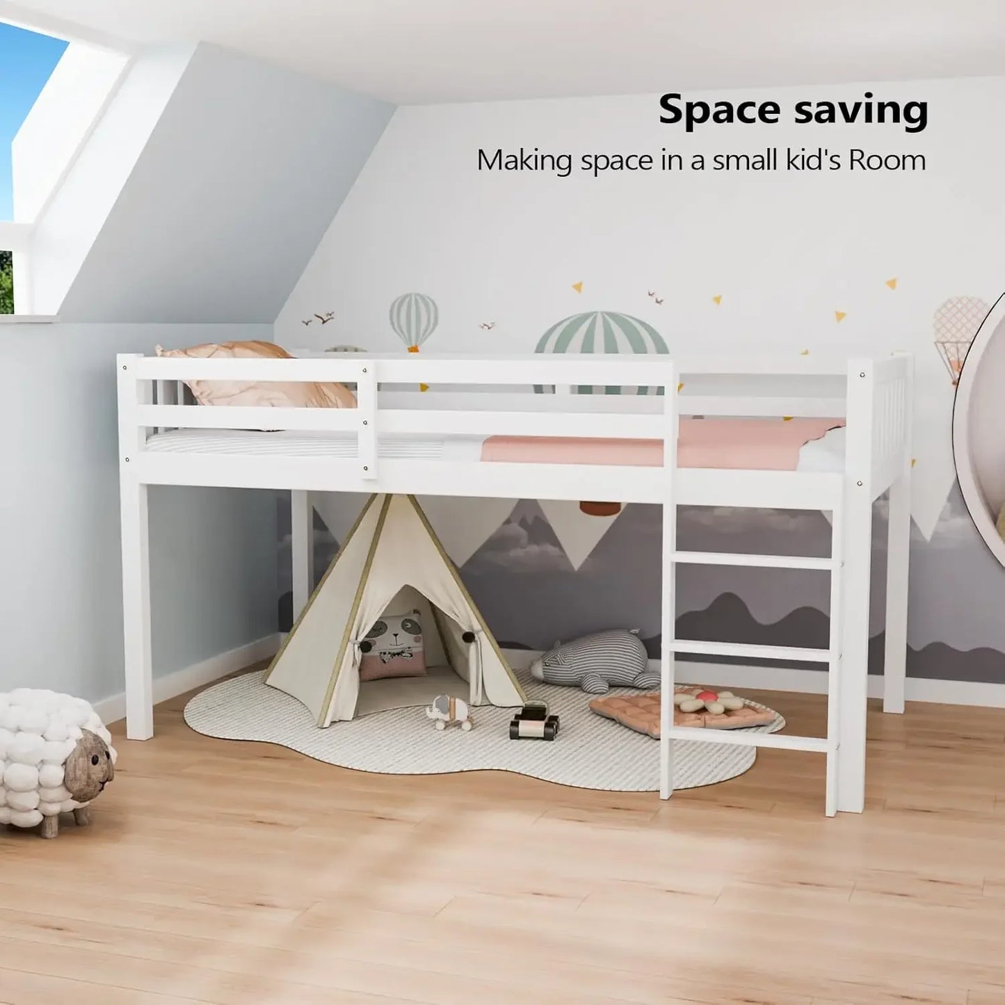 Lit mezzanine simple avec cadre de lit bas pour petits enfants, petite chambre/chambre à plafond bas avec garde-corps et échelle, blanc