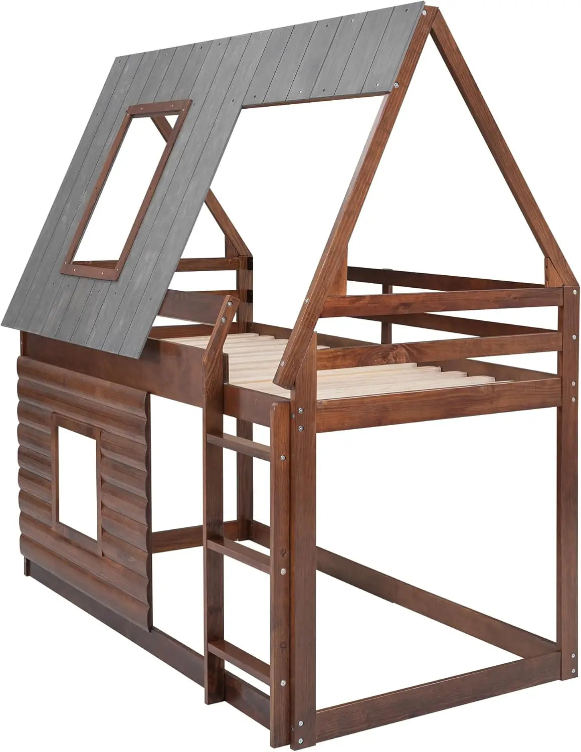 Litera doble sobre dos camas individuales con estructura de madera en forma de casa con escalera en el techo y 2 ventanas para niños, adolescentes, niñas y niños en tonos roble y gris ahumado