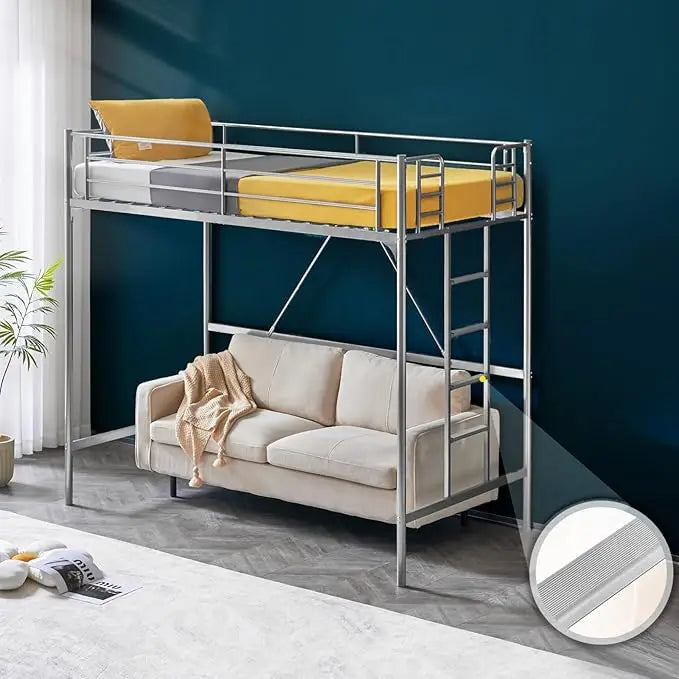 Loft Bed with Flat Rungs for Adults, Kids and Young Teens, No Box Spring Required,Heavy Duty Metal Slat Support