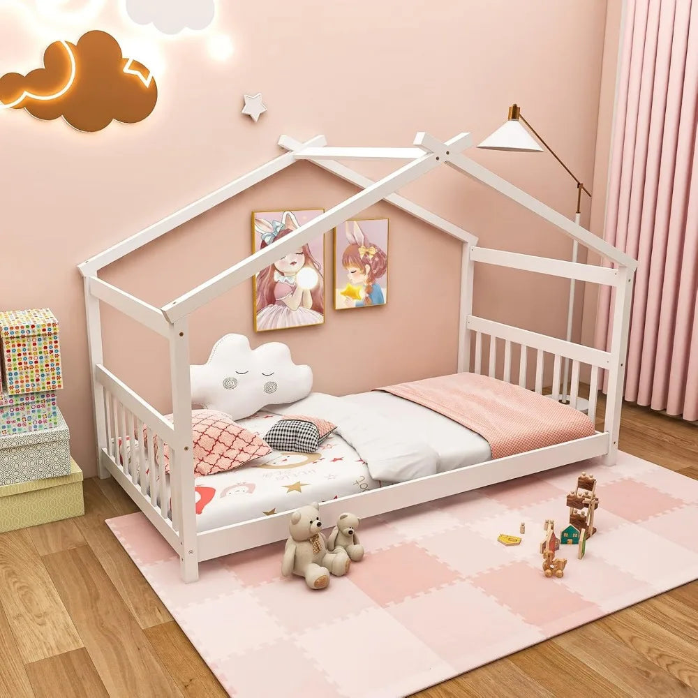 Cama infantil de madera maciza con techo, cabecero y pie de cama, estructura de cama doble de piso bajo para niños pequeños, adolescentes, niñas y niños