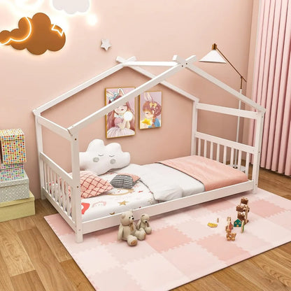 Lit cabane en bois massif pour enfants avec toit, tête de lit et pied de lit, cadre de lit simple à plancher bas pour tout-petits, adolescents, filles et garçons