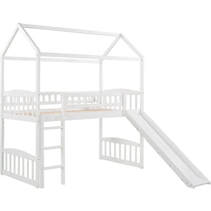 Lit mezzanine double avec toboggan, cadre de lit en bois massif en forme de maison avec garde-corps sur toute la longueur, aucun ressort nécessaire et conception peu encombrante