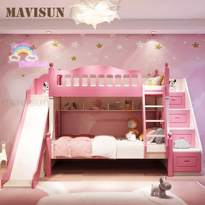 Loft Bed With Drawers Creative And Lovely Pink Two-Story Furniture For Girls From 5 To 8 Years Old Fashion Hot Sale Kids Beds