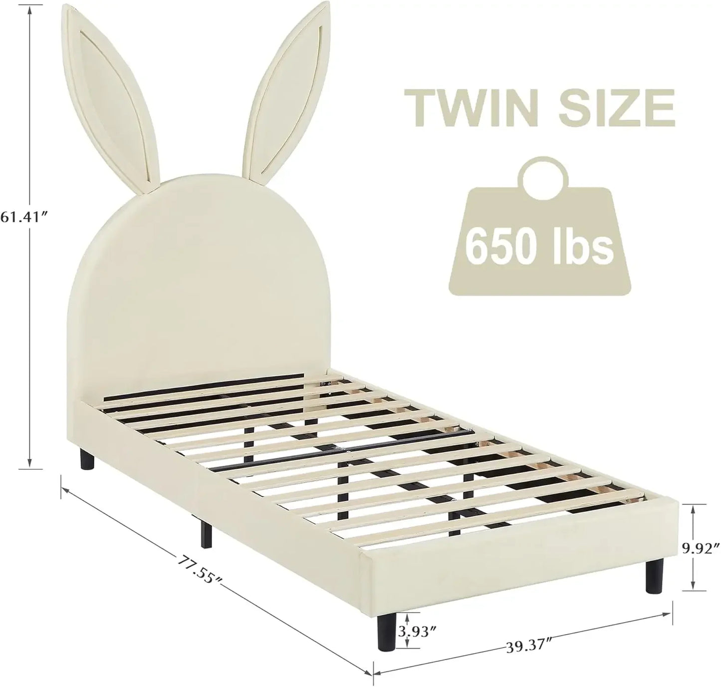 Kids Twin Size Platform Bed Frame with Upholstered Headboard, Princess Beds for Girls, 12 Wooden Slats Support, No Boxing