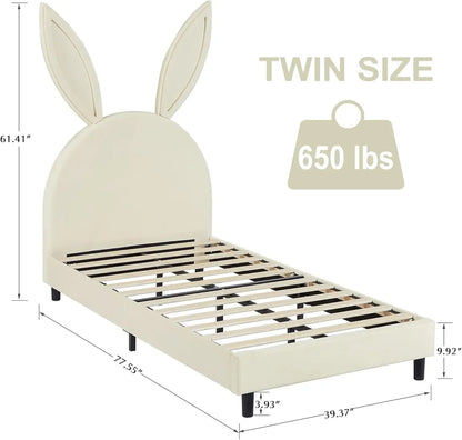 Kids Twin Size Platform Bed Frame with Upholstered Headboard, Princess Beds for Girls, 12 Wooden Slats Support, No Boxing