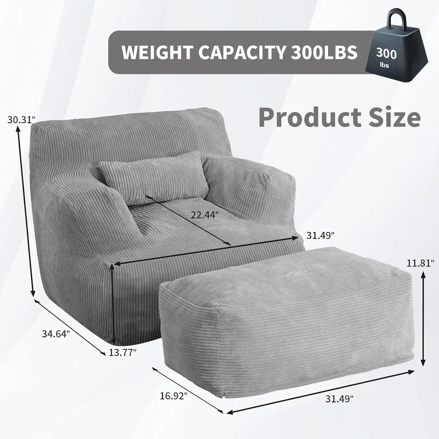 Large Bean Bag Chairs for Adults, Bean Bag Sofa Chair with Ottoman for Adults, Comfy Reading Chair for Dorm Room, Living Room