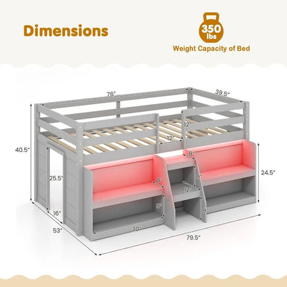 Low Loft Bed with LED Lights, Wooden Twin Loft Bed with Stairs & Safety Guardrail, Loft Bed Twin Size with Storage Bookcase